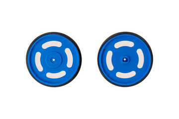 Blue Plastic Wheels with White Details Isolated on White Background