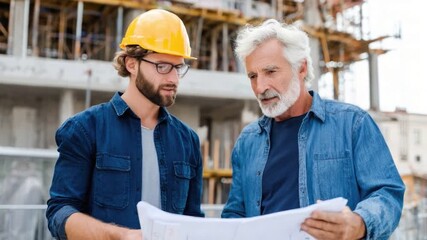 A construction site scene featuring a young engineer with glasses and an older architect discussing blueprints - Powered by Adobe