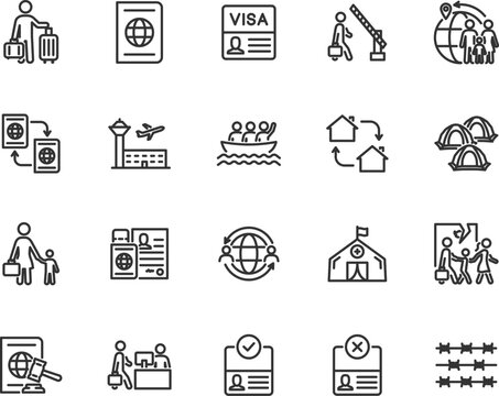 Vector set of migration line icons. Contains icons visa, resettlement, citizenship, refugee, global migration, border control, passport, migrant camp and more. Pixel perfect.