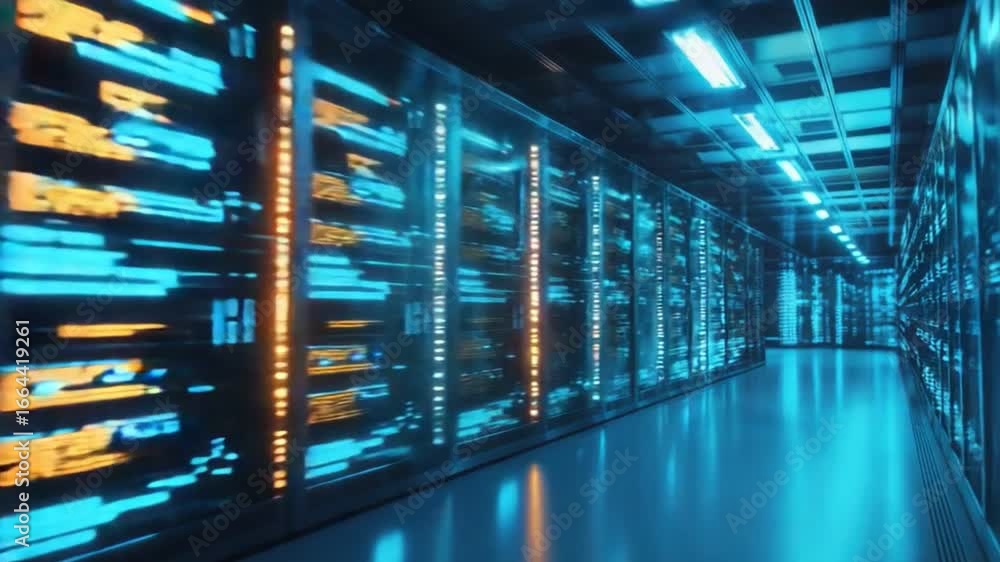 Poster a modern data center featuring rows of illuminated servers and advanced technology. the vibrant blue