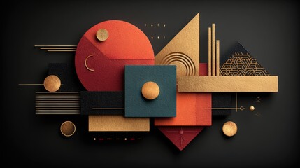 Geometric abstract composition featuring layered shapes in warm, deep colors and gold accents on a dark background