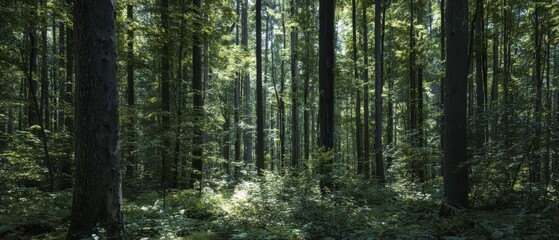 Fototapeta premium The forest bathed in soft morning light with tall straight trunks and green undergrowth