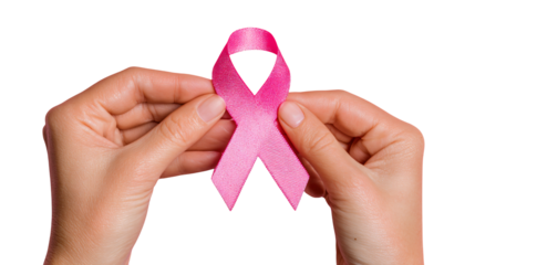 Hands gently hold pink ribbon symbolizing hope and awareness