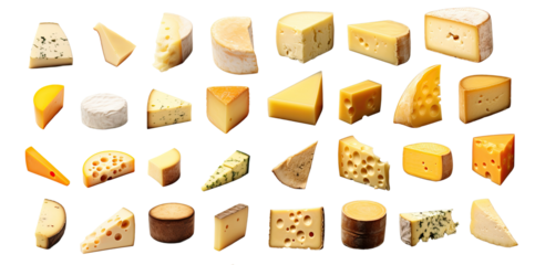 Cheese wedges and blocks arranged in assorted collection. Selection includes hard, soft, and blue cheeses with unique textures. Gourmet dairy display emphasizes artisan flavors and culinary tradition.