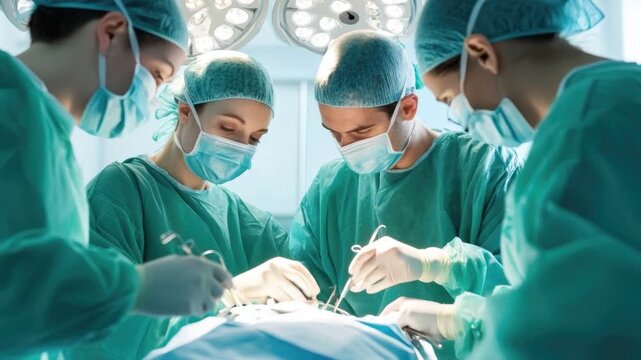 A group of skilled surgeons performing an intricate operation in a modern operating room