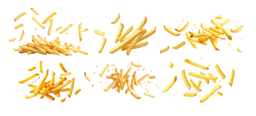 Golden french fries scattered in crispy portions. Fried potato sticks with crunchy texture and appetizing look. Fast food snack concept highlights indulgence and salty flavor.