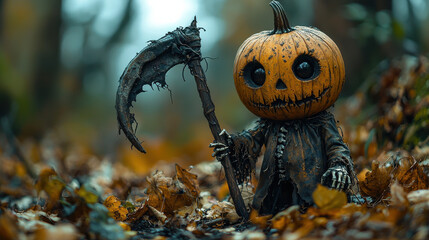 A skeletal figure, once a pumpkin, now risen from the cold embrace of a shadowy graveyard, its hollow eyes staring out into the twilight, its bony hand clutching a decaying scythe,8k 