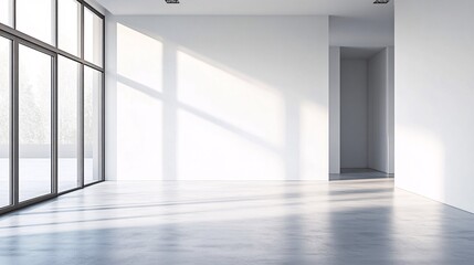 Fototapeta premium Empty white room with large windows and sunlight shining on the floor.