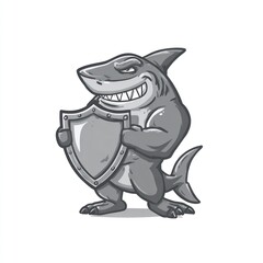 Fototapeta premium Cartoon shark stands strong, holding a shield with a confident grin
