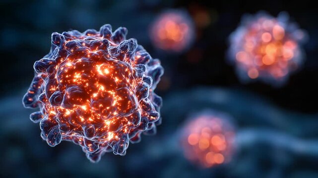Vivid scientific illustration of a mutated cancer cell membrane with glowing surface proteins in radiant red and orange against a deep blue background.