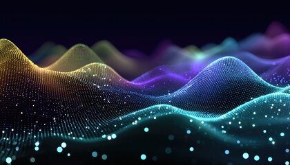 Abstract digital landscape with vibrant, glowing particles forming undulating waves of color