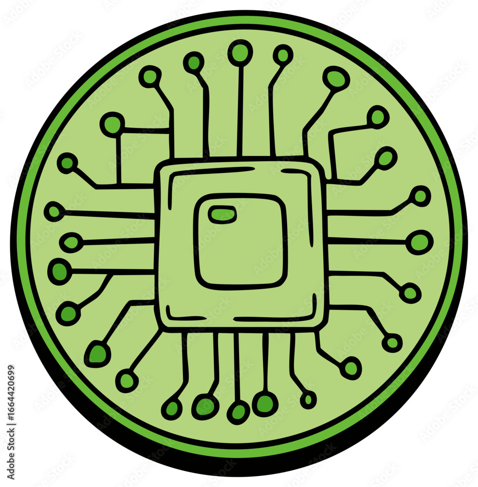 Poster stylized green circuit board with circular border, concept of data processing and technology