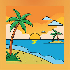 Tropical Beach at Sunset with Palm Trees