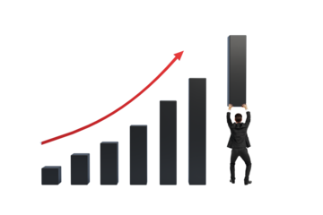 Businessman holding up final bar of ascending chart with red arrow, clean style on white background, concept of growth and leadership success