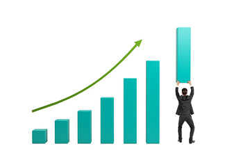 Man in suit lifting tallest bar in upward chart, realistic style, on clean white background,...