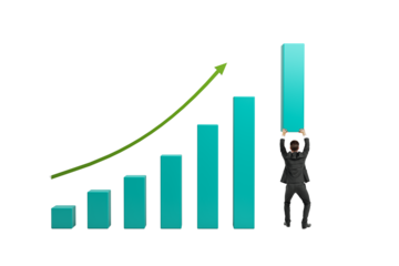 Man in suit lifting tallest bar in upward chart, realistic style, on clean white background, concept of business growth and leadership success
