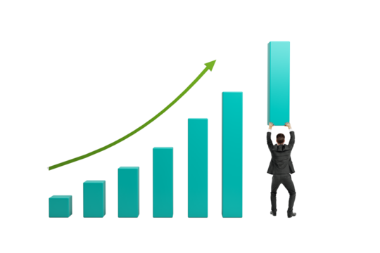 Man in suit lifting tallest bar in upward chart, realistic style, on clean white background, concept of business growth and leadership success