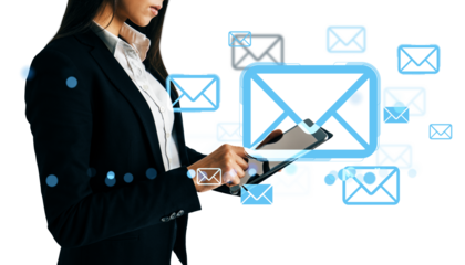 Businesswoman using tablet device with floating email icons, modern graphic style, isolated on white background, concept of digital message