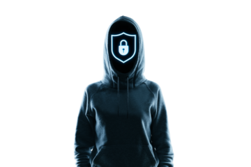 Mysterious hooded figure with glowing padlock shield icon as face, digital style, isolated on white background, symbolizing cybersecurity protection