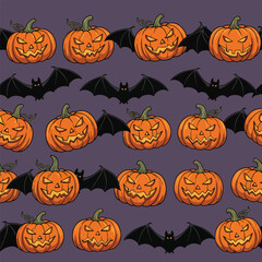 Seamless Pattern, Halloween pattern featuring orange pumpkins with scary faces and black bats in flight Stock royalty free image.