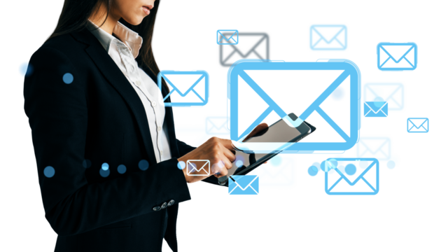 Businesswoman using tablet device with floating email icons, modern graphic style, isolated on white background, concept of digital message