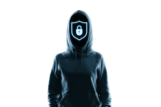Mysterious hooded figure with glowing padlock shield icon as face, digital style, isolated on white background, symbolizing cybersecurity protection