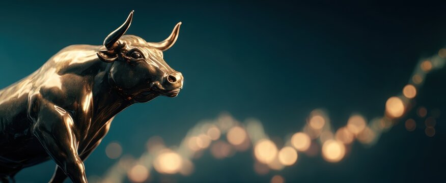 The Bull Bronze Statue Symbolizing Financial Strength and Market Momentum Against Glowing Lights