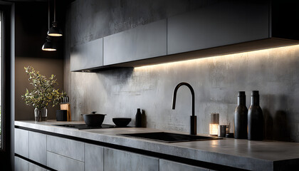 Sleek matte gray porcelain countertops, flat panel gray cabinetry, minimalist black fixtures, under cabinet lighting, matte countertops, gray