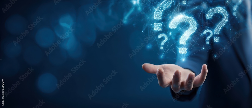 Poster the question marks hovering above an open hand representing digital uncertainty and inquiry