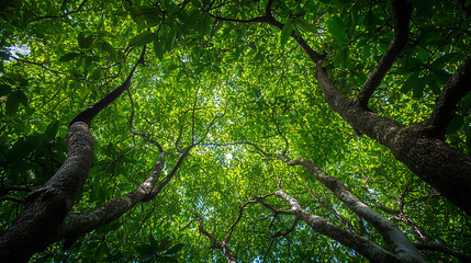 Fototapeta premium Looking up at lush green canopy of trees with sunlight filtering through dense leaves, creating vibrant and peaceful natural scene