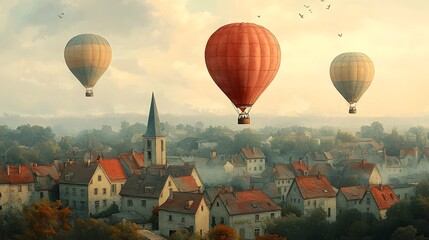 Dreamlike hot air balloons float above a quaint European village