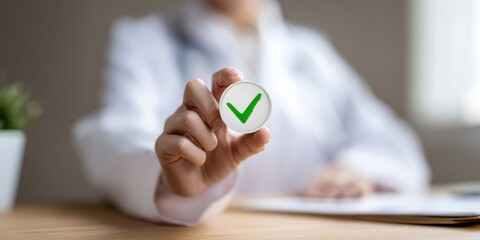 The approval badge in hand of medical professional symbolizing validation and success