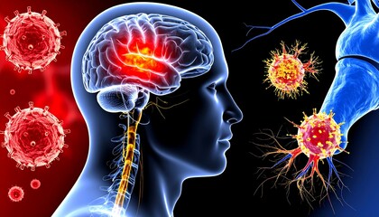 Human brain and nervous system illustration showing pathogens.