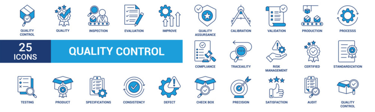 Quality control icon set. Containing inspection, evaluation, product, quality assurance, process, testing and more. Blue vector icons collection.