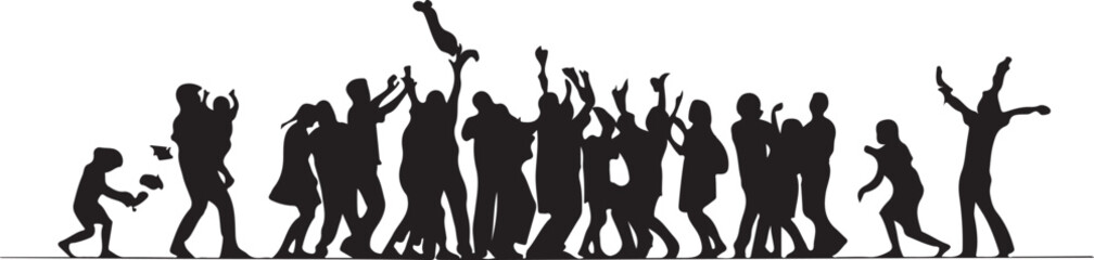 Group of people celebrating throwing objects in the air black silhouette celebration