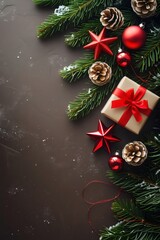 Top View of a Christmas Holiday Gift Box with Pine Cones and Ornaments

