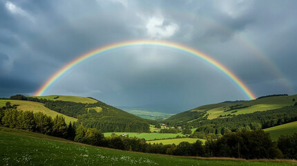 Naklejka premium Mysterious glowing arch over rolling green hills under dramatic stormy skies evokes wonder and natural phenomena