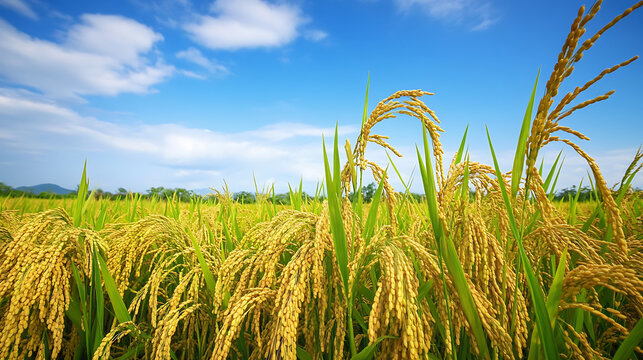 Golden rice plants in lush field under bright blue sky with scattered clouds, creating peaceful and vibrant agricultural scene that highlights beauty of nature and crop growth