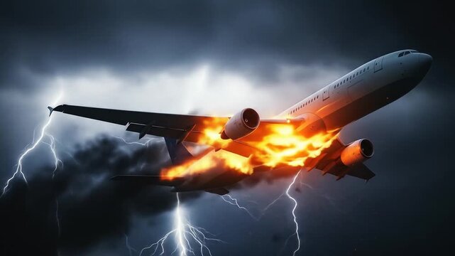 Passenger Jet Engulfed in Flames Plummets Through a Violent Lightning Storm