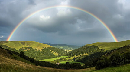 Fototapeta premium Vibrant rainbow arches over rolling green hills under a dramatic cloudy sky