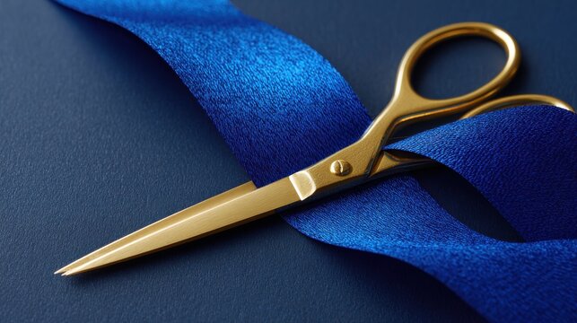 Golden Scissors Cutting Blue Ribbon On Dark Background. Symbol Of Inauguration And Grand Opening Events