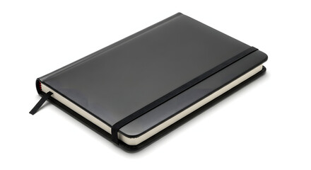 A sleek black notebook with an elastic closure band and a bookmark ribbon, isolated on a white background.