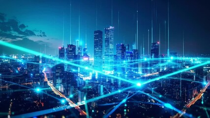 Futuristic city skyline with glowing data streams and interconnected network connections overlay - Powered by Adobe