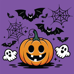Halloween Pumpkin Icon with Ghosts, Bats, and Spider Webs