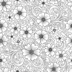 Fototapeta premium Seamless Pattern, Intricate floral pattern with swirls and detailed line work in black and white Stock royalty free