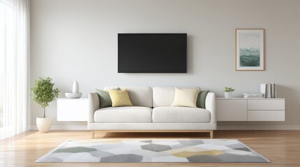 Modern Minimalist Living Room With Beige Sofa And Wall-Mounted Tv. Contemporary Interior Design With Neutral Tones