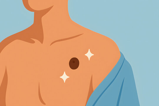 Close up illustration of human chest with visible mole on skin, dermatology medical concept of skin cancer awareness, melanoma detection, health checkup examination, skin care treatment, healthcare pr