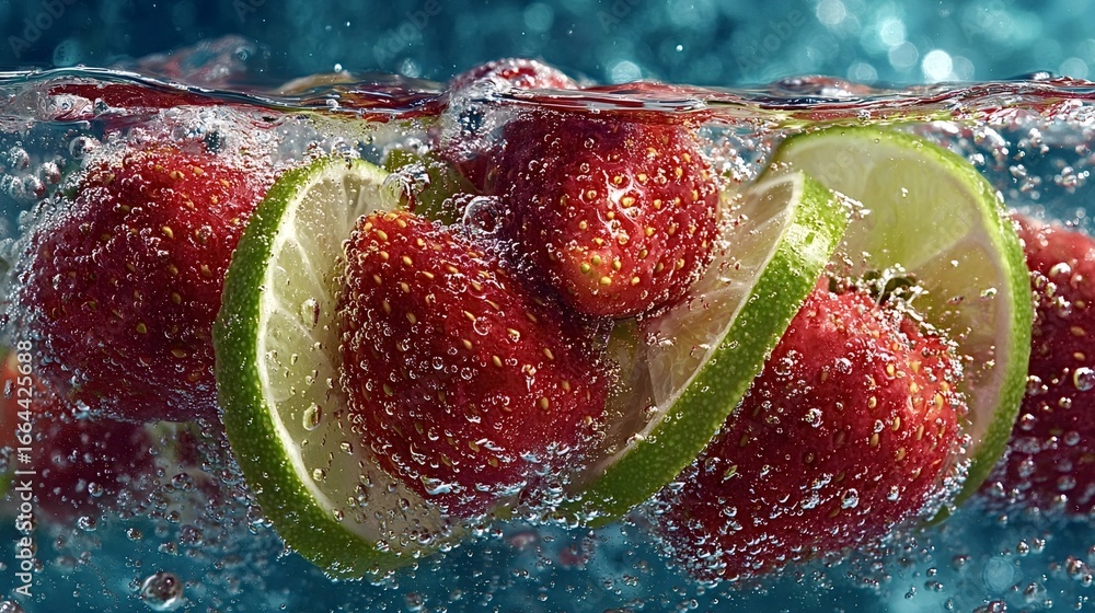 Poster fresh strawberries and lime slices floating in sparkling water create a visually stunning and refres