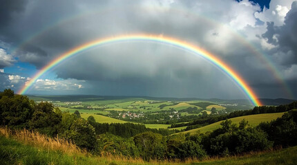 Naklejka premium Vibrant rainbow arches over lush green landscape after rain shower beautiful natural phenomenon sky cloud