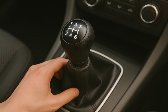Hand holding manual gear shift knob inside modern car interior, close up view of driver changing transmission stick in vehicle, automotive driving control system concept with manual gearbox and gear l